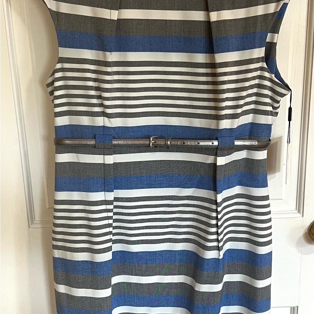 Calvin Klein Blue, Gray & White Striped Midi Dress with Belt NWT